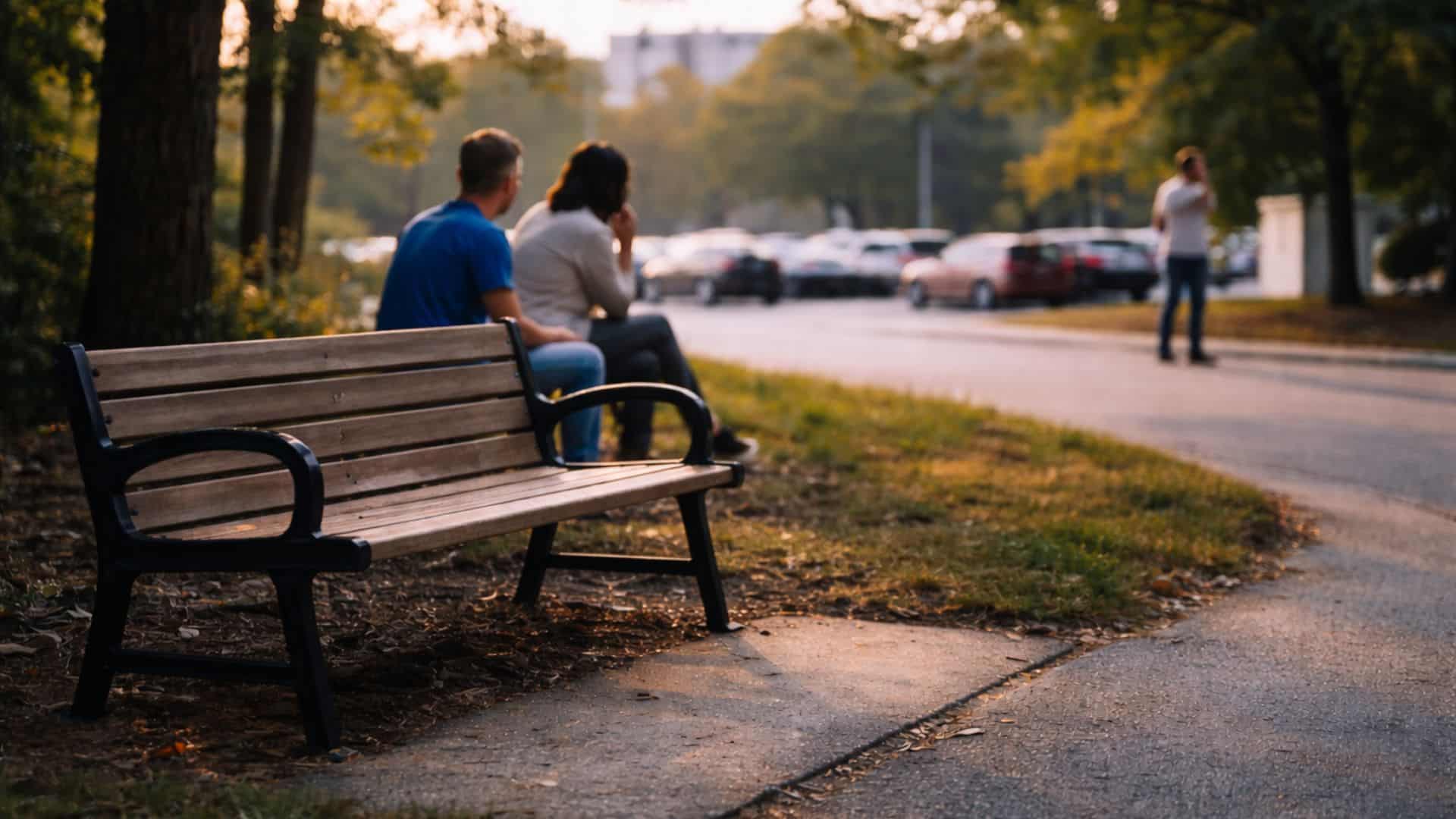 A couple sits closely on a park bench under trees, facing a sunset-lit path. A person walks in the distance, with parked cars on the side, evoking a serene, late-afternoon mood.