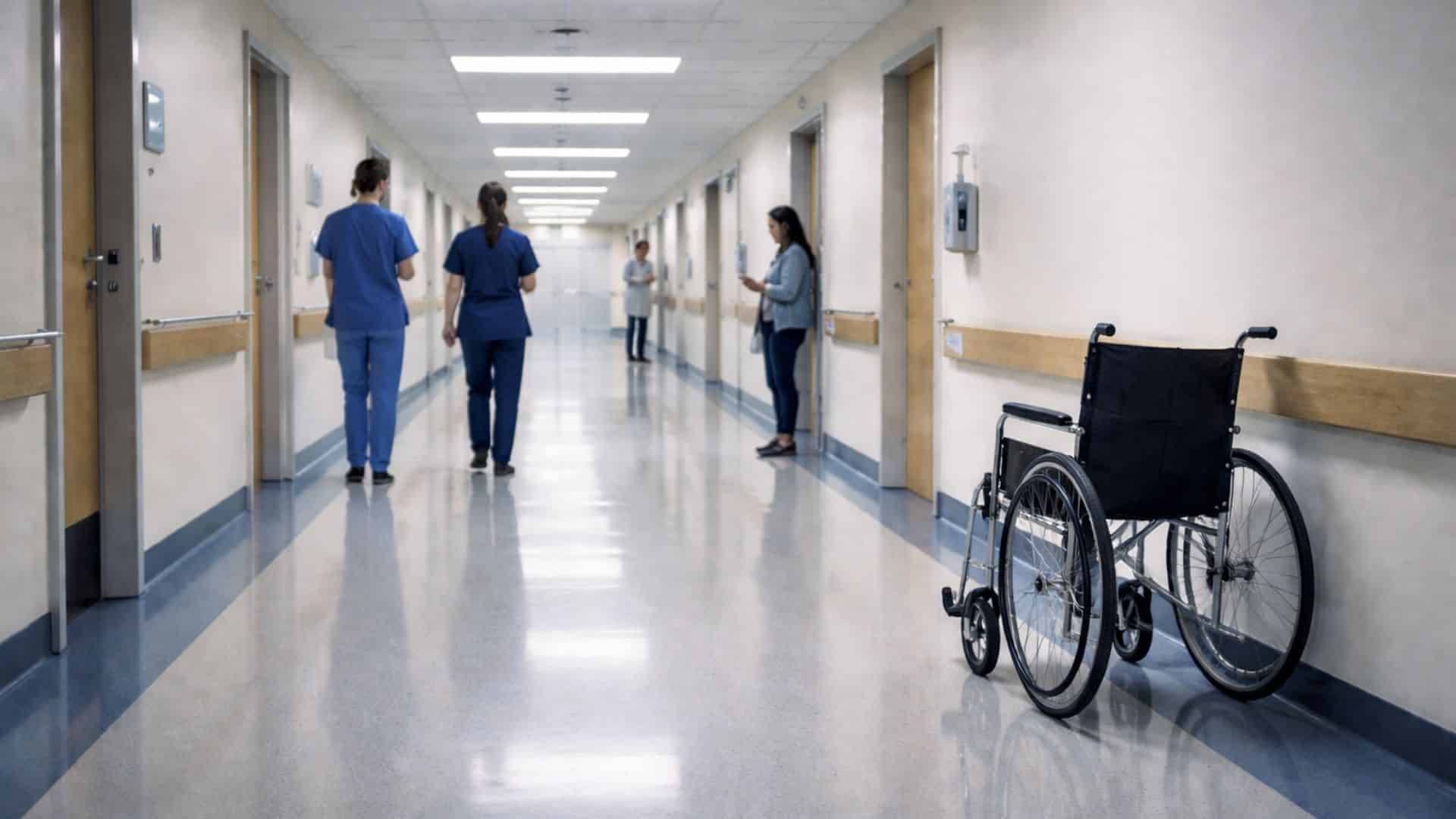 Hospital corridor with a wheelchair on the right side. Medical staff in blue scrubs walk away, while two people stand using smartphones. Calm atmosphere.
