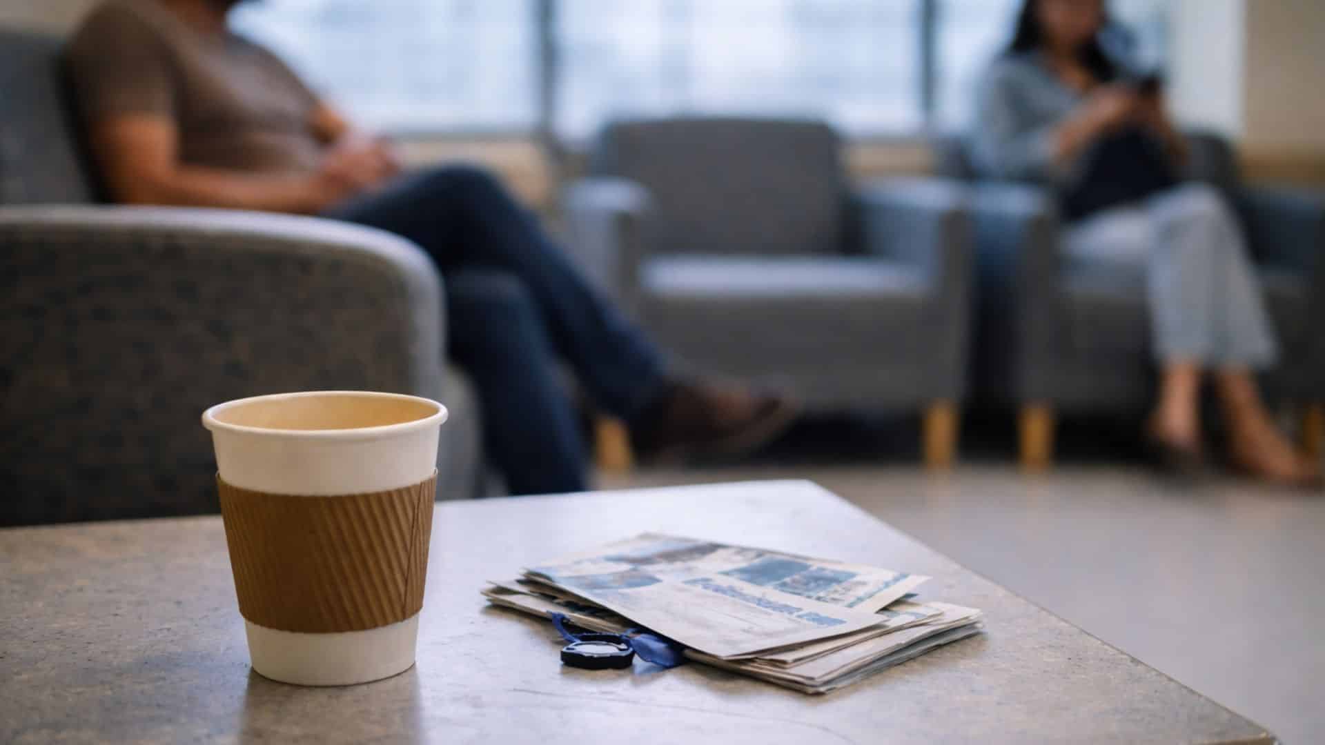 A paper coffee cup and keys rest on a table beside newspapers in a waiting room. Two people sit blurred in the background, creating a calm, expectant atmosphere.