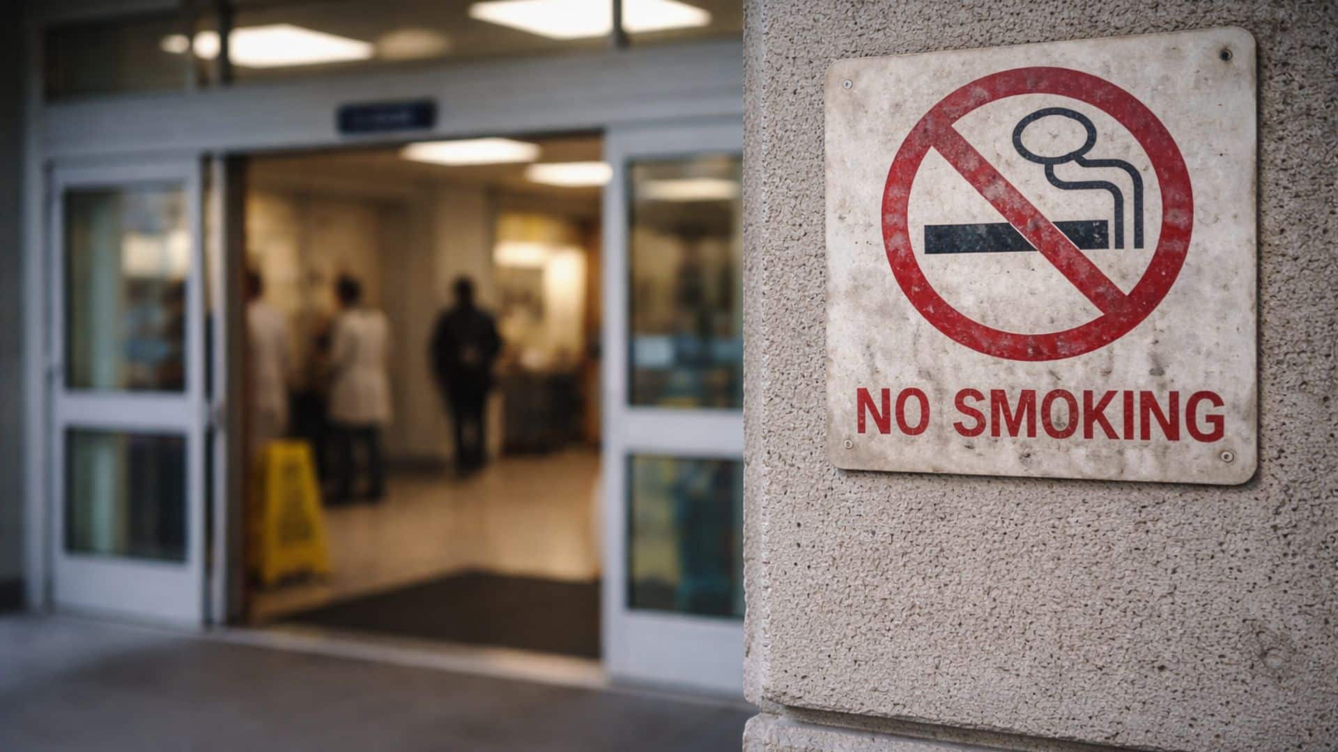 A "No Smoking" sign is affixed to a wall near an entrance with sliding glass doors. Inside, people are visible, with a caution sign on the floor.
