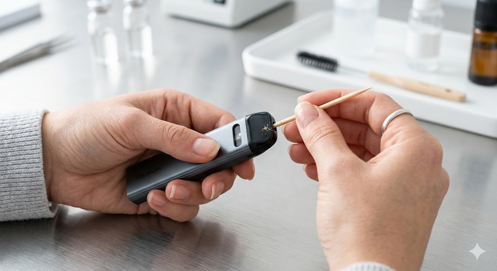 Person cleaning a vape pod device with a cotton swab on a table with cleaning tools