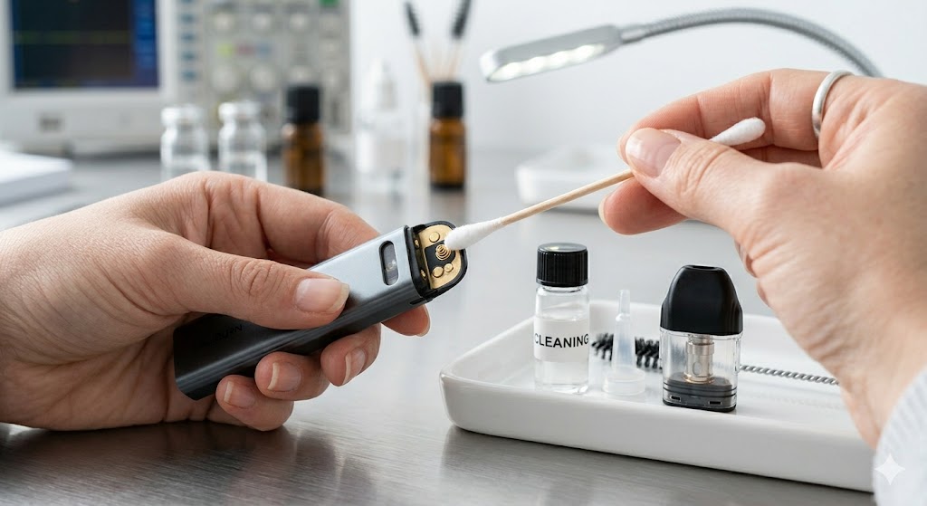 Person cleaning a vape pod mouthpiece with a wooden pick during device maintenance