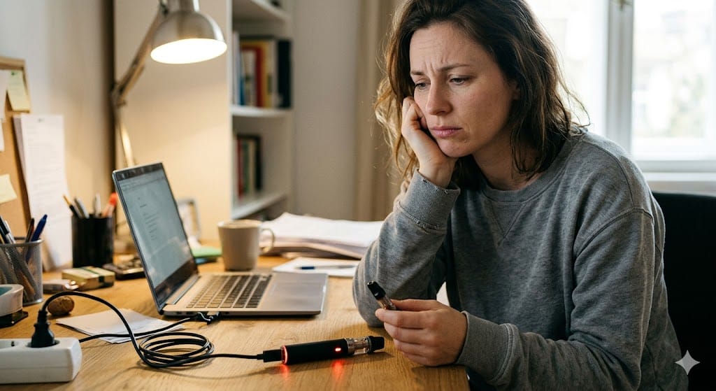 Woman looking frustrated while holding a vape device component at a desk with a charging vape pen and laptop